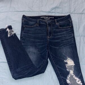 American Eagle Outfitters Women's Dark Blue Distressed Skinny Jeans Super Strech